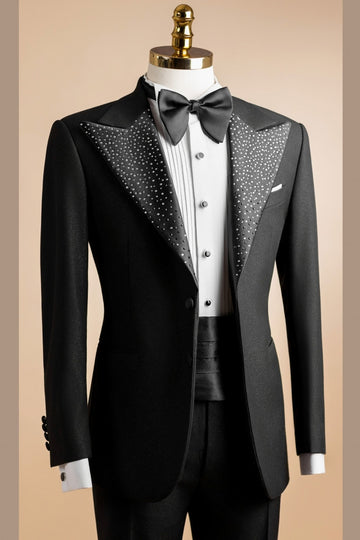 Fashion Black Peak Lapel Beadings Prom Men Suits
