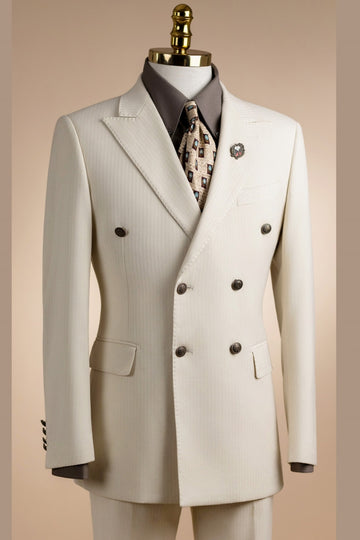 Beige Double Breasted Striped Fashion Men Suits