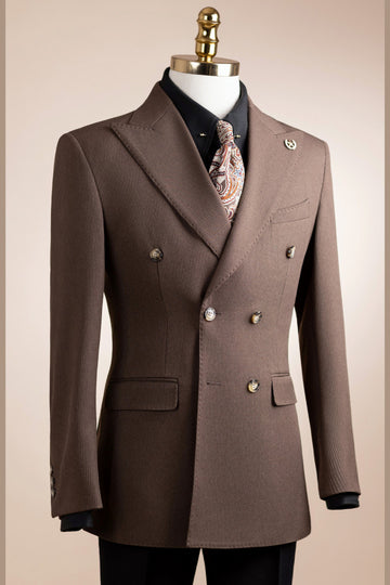 Coffee Corduroy Double Breasted Close Fitting Prom Suits