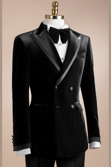 Shiny Black Velvet Peak Lapel Double Breasted Prom Suits
