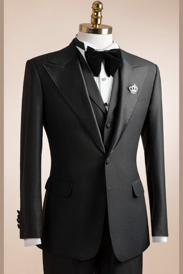 Hot Black 3-Pieces Best Fitted Formal Business Suits with Silk Lapel