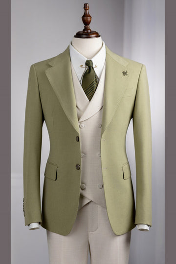 Lime Green 3-Pieces Slim Fit Prom Men Suits with Beige Pants and Vest