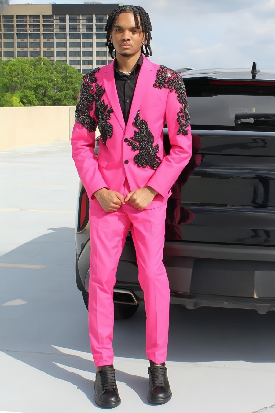 Gorgeous Fuchsia Pink Black Beading Appliqués Prom Suit