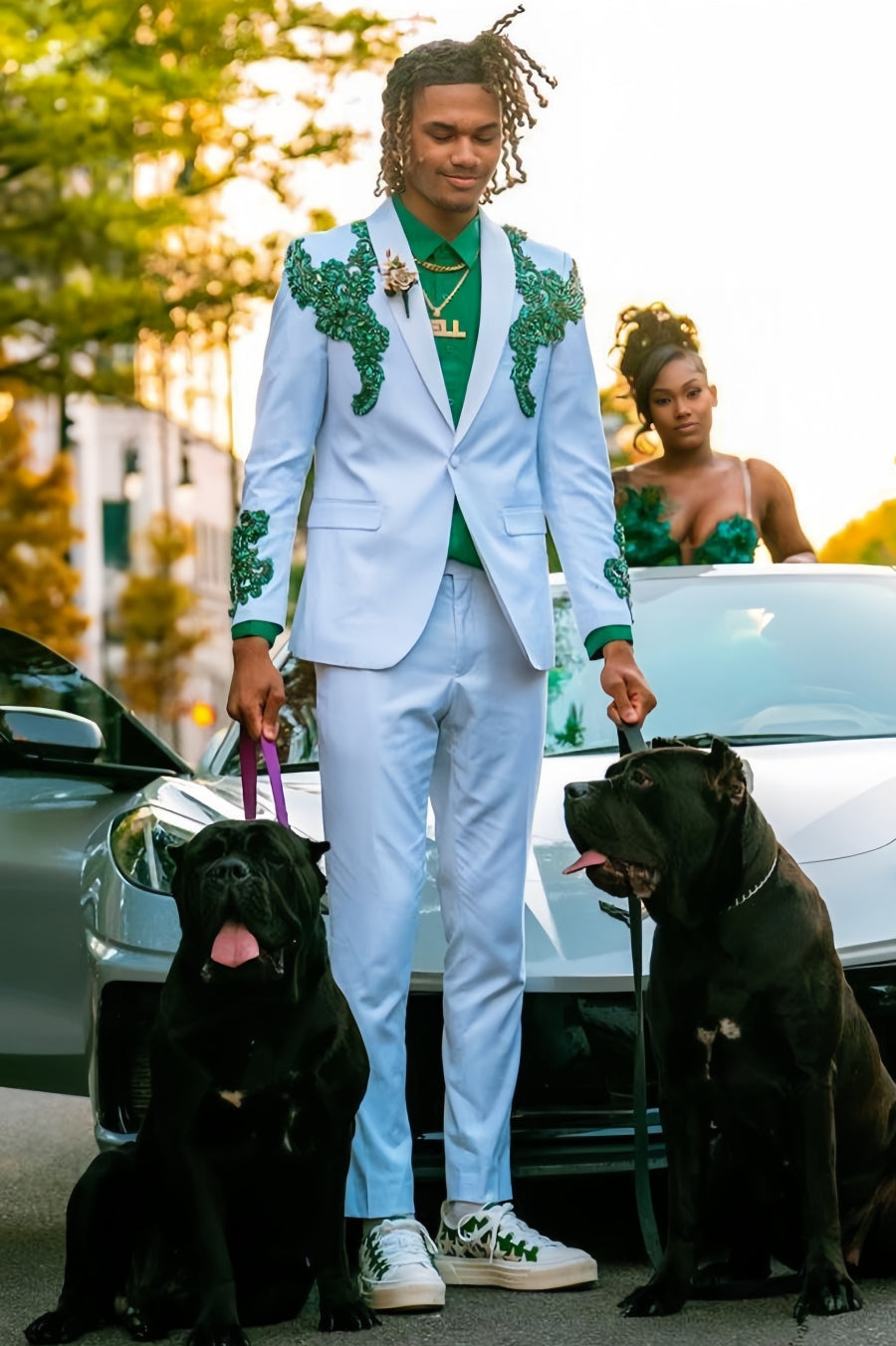 Well-Fitted One Button White Prom Suit with Green Crystals Applique