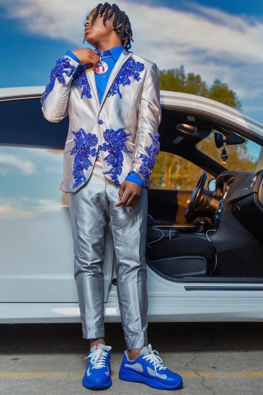 Glossy Silver Gray Two Piece Royal Blue Beading Applique Prom Suit