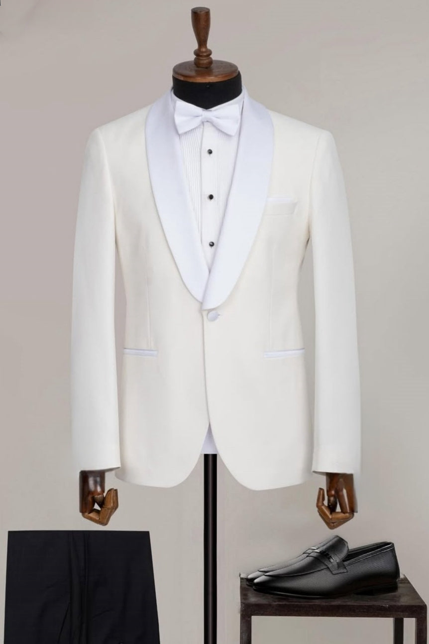 White Satin Shawl Lapel Cheap Men's Suit with Black Pants