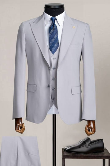Light Gray Peak Lapel 3 Piece Men's Business Suit