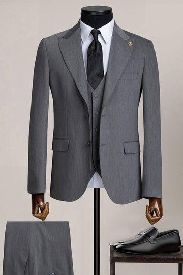 Dark Gray Peak Lapel 3 Piece Men's Cheap Business Suit