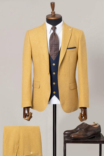 3 Piece Yellow Men's Business Suit with Navy Blue Waistcoat