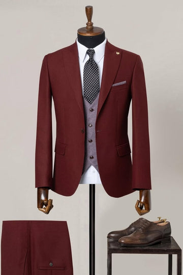 3 Piece Burgundy Men's Business Suit with Purple Waistcoat