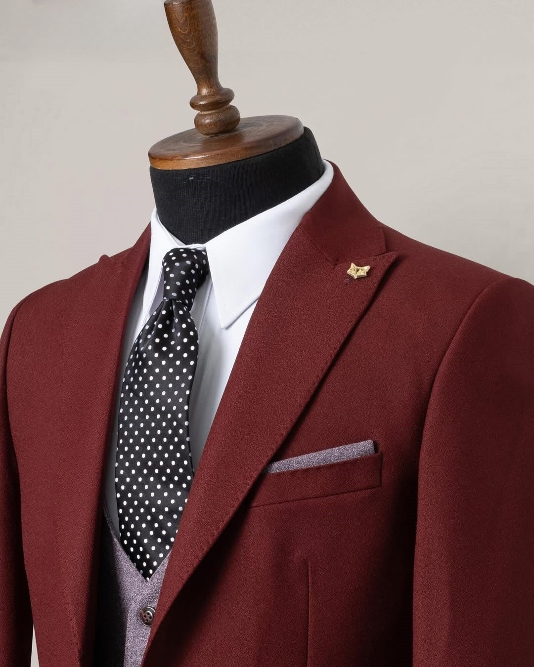 3 Piece Burgundy Men's Business Suit with Purple Waistcoat