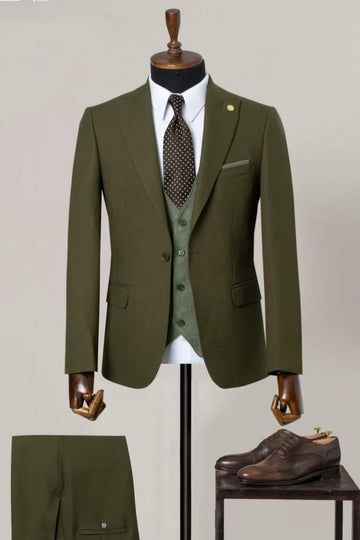 Fashion 3 Piece Olive Green Men's Business Suit with Waistcoat