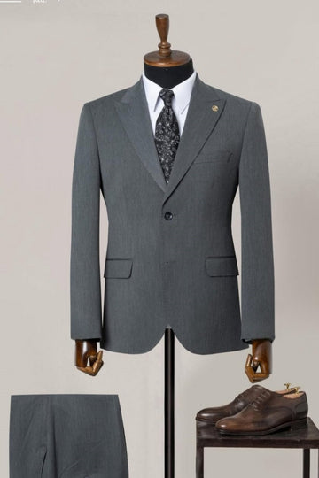 Dark Gray Men's Formal Business Suit with Flap Pockets