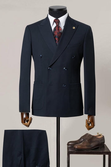 Classic Dark Navy Double Breasted Peak Lapel Business Suit