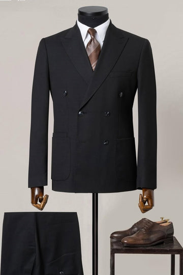 Formal Black Double Breasted Business Suit with Patch Pockets