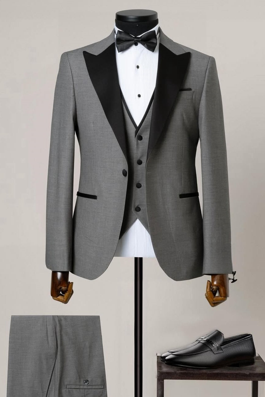 Fashion 3 Piece Gray Men's Wedding Suit with Satin Lapel