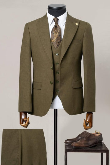 Traditional 3 Piece Olive Green Business Suit with Waistcoat