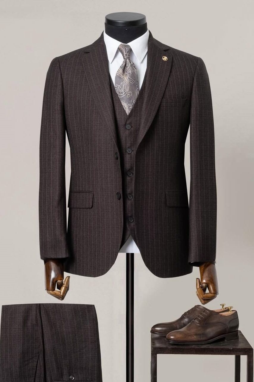 Suave 3 Piece Dark Brown Pinstripe Men's Business Suit