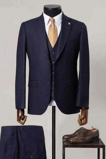 Sleek Dark Navy 3 Piece Pinstripe Men's Business Suit