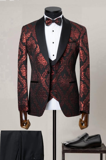 Cool Black Three Pieces Shawl Lapel Wedding Suits with Red Jacquard