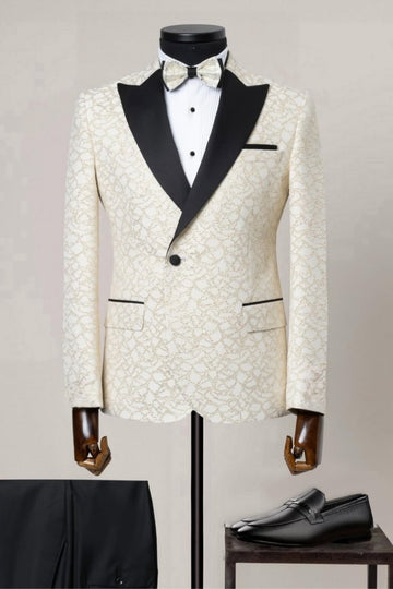 Off White Jacquard One Button Peaked Lapel Wedding Suit