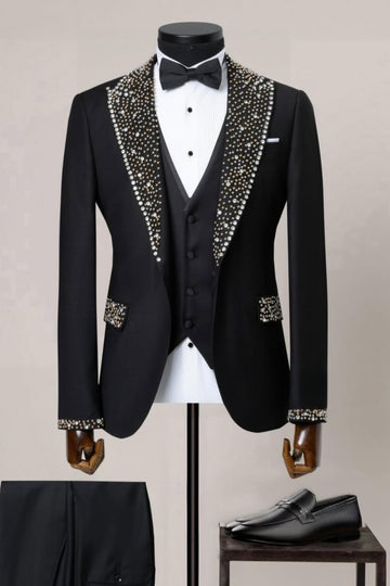 Sparkly Black Three Pieces Slim Fit Prom Men Suits with Beads