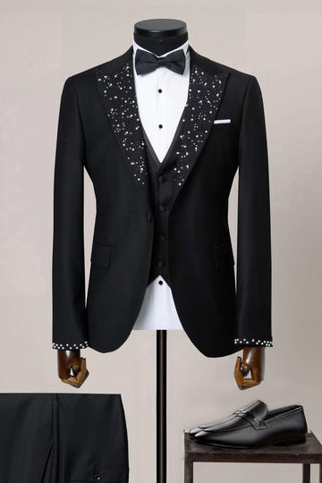 Newest Black 3 Piece Prom Men Suits with Beads