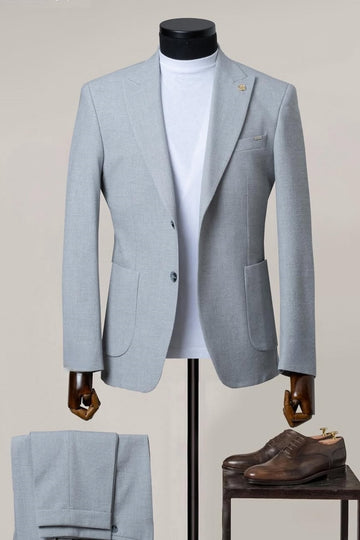 Summer Blue Cool Linen Peaked Lapel Simple Men Suit