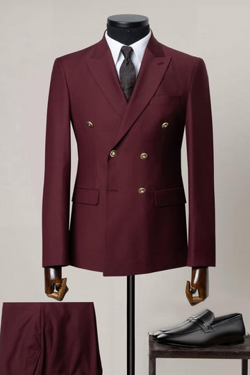 Burgundy Double Breasted Peaked Lapel Prom Suit