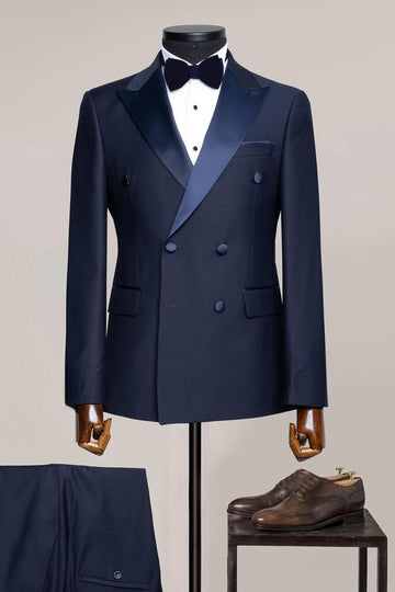 Navy Blue Double Breasted Big and Tall Prom Suit with Silk Lapel