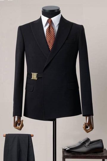 Trendy Black Peaked Lapel Prom Suit with Gold Buckle