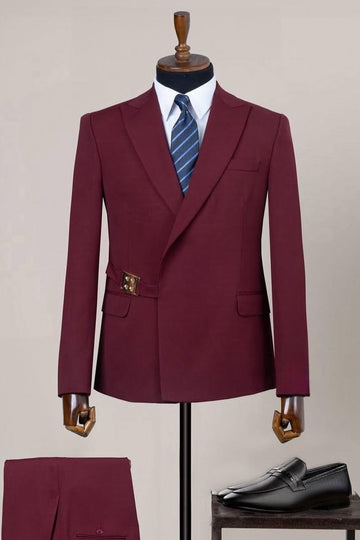 Burgundy Peaked Lapel Prom Suit with Gold Buckle