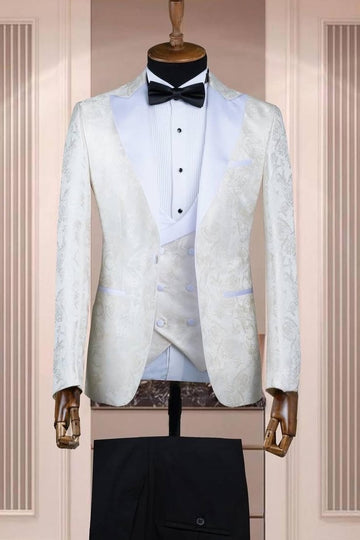 Chic White Jacquard 3 Pieces Slim Fit Wedding Groom Suit