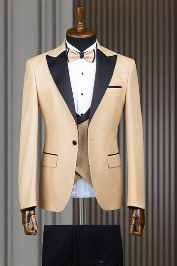 Gold Champagne 3 Pieces Close Fitting Prom Suit with Waistcoat