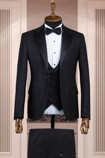 Stylish Black Jacquard 3 Pieces Slim Fit Wedding Groom Suit