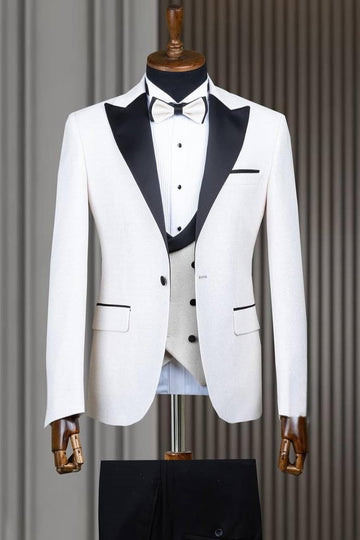 White Jacquard 3 Pieces Slim Fit Wedding Groom Suit