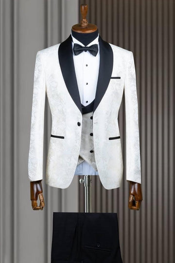 White Fashion Jacquard 3 Pieces Slim Fit Wedding Groom Suit