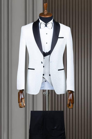 White Fashion Jacquard 3 Pieces Shawl Lapel Wedding Groom Suit