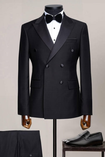 Chic Black Double Breasted Slim Fit Business Men Suit