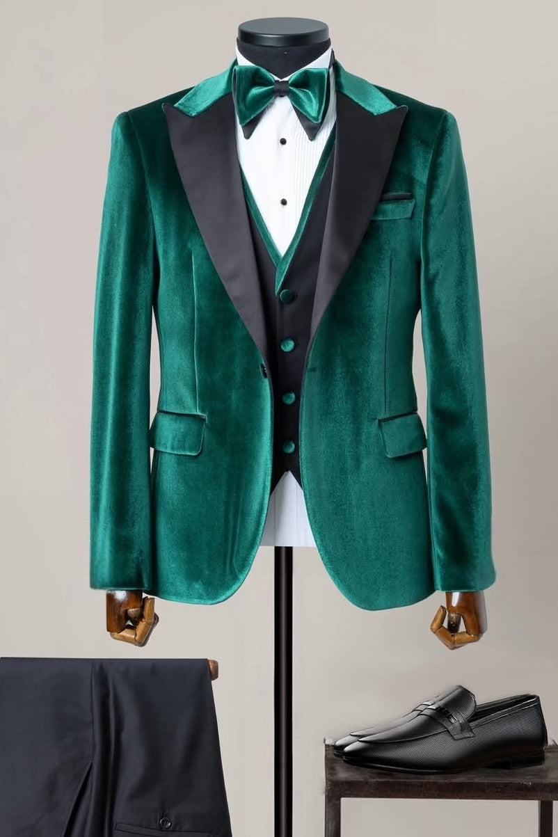 Green Velvet Peaked Lapel Prom Suit with Black Vest