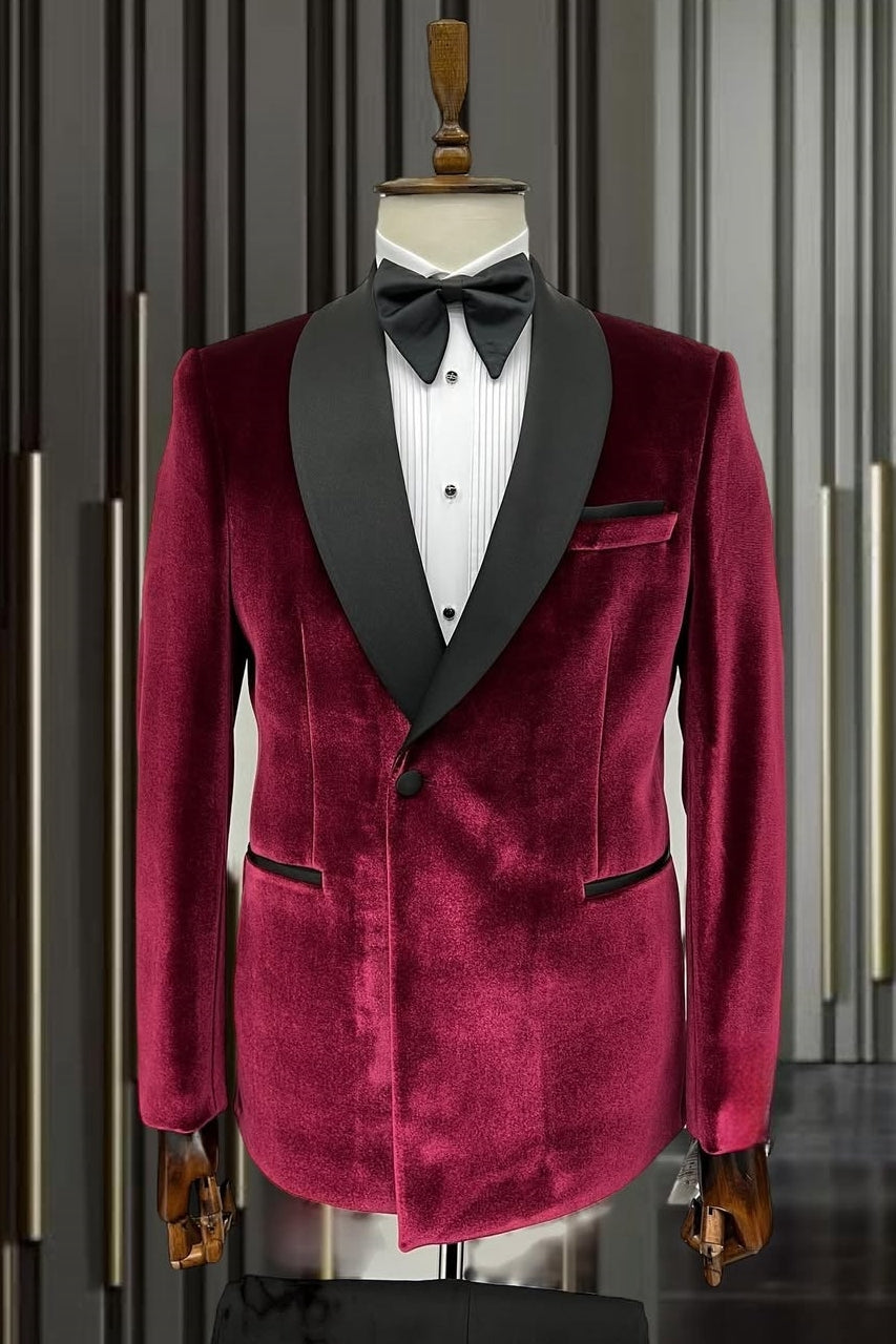 Red One Button Velvet Shawl Lapel Wedding Suits