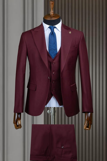 Modern Burgundy 3 Pieces Peaked Lapel Slim Fit Men Suit