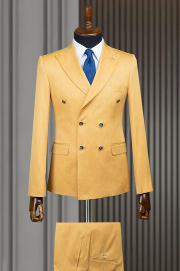 Yellow Double Breasted Slim Fit Big and Tall Prom Suit