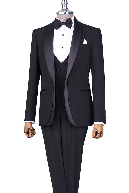 Black 3-Piece Well-Fitted Wedding Groom Suits with Silk Lapel