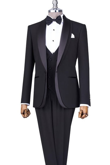 Black 3-Piece Well-Fitted Wedding Groom Suits with Silk Lapel