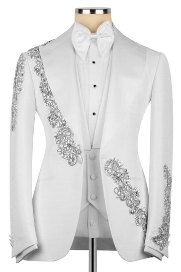 Classic White Peak Lapel 3-Piece Prom Wedding Suit with Crystal