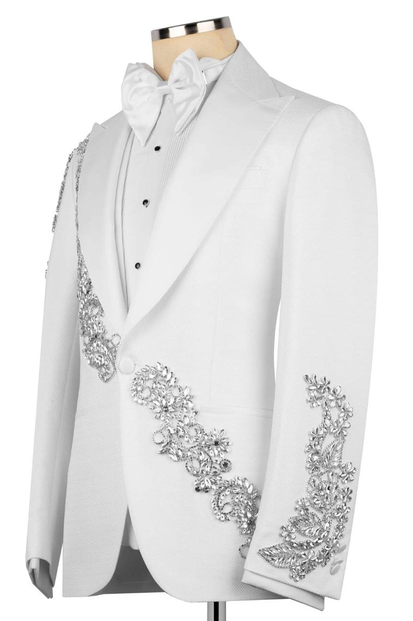 Classic White Peak Lapel 3-Piece Prom Wedding Suit with Crystal