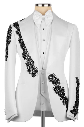 Cool White Peak Lapel Prom Wedding Suit with Black Crystal