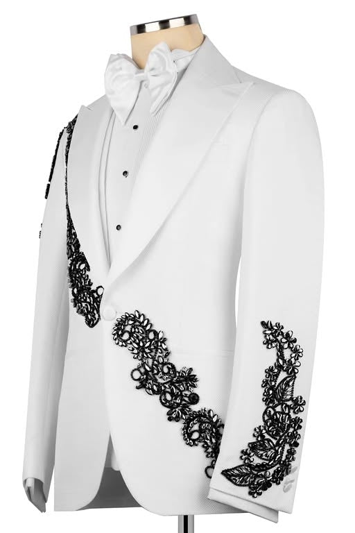 Cool White Peak Lapel Prom Wedding Suit with Black Crystal