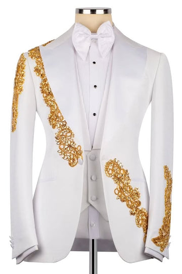 White Peak Lapel Prom Wedding Suit with Gold Crystal